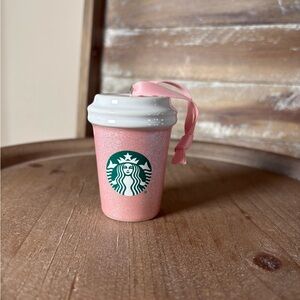 Starbucks Pink Glitter Ceramic Hot Cup Ornament with pink ribbon